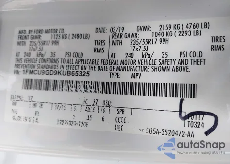 2019 Ford Escape Se from USA, damaged, VIN 1FMCU9GD9KUB65325